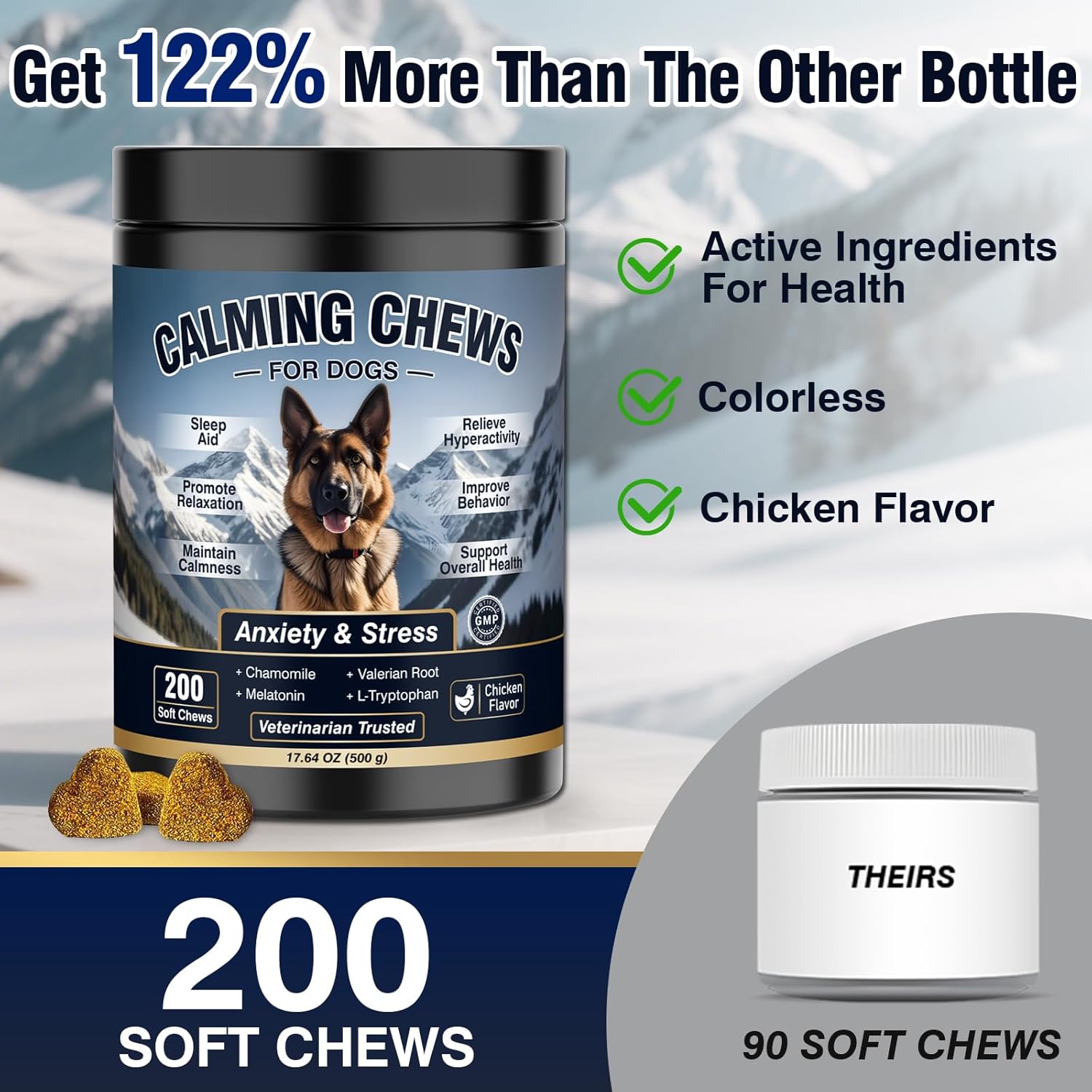 Dog Calming Chews 200-count jar compared with a 90-count bottle