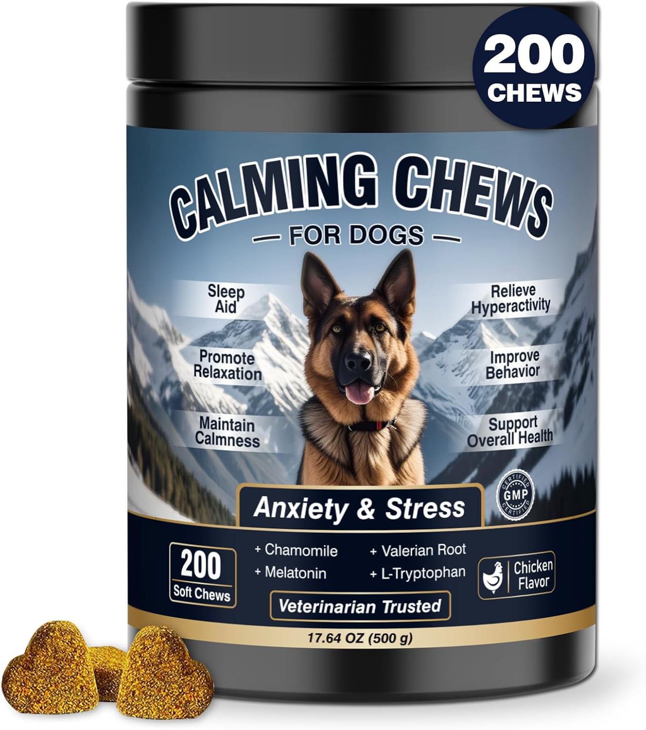 TrovePaw Dog Calming Chews package with 200 chicken-flavored soft chews