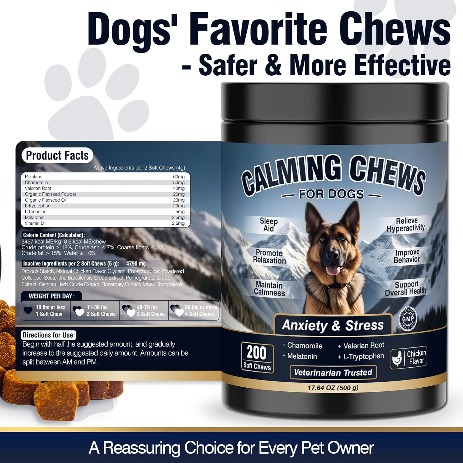 Dog Calming Chews package shown with product facts and serving directions